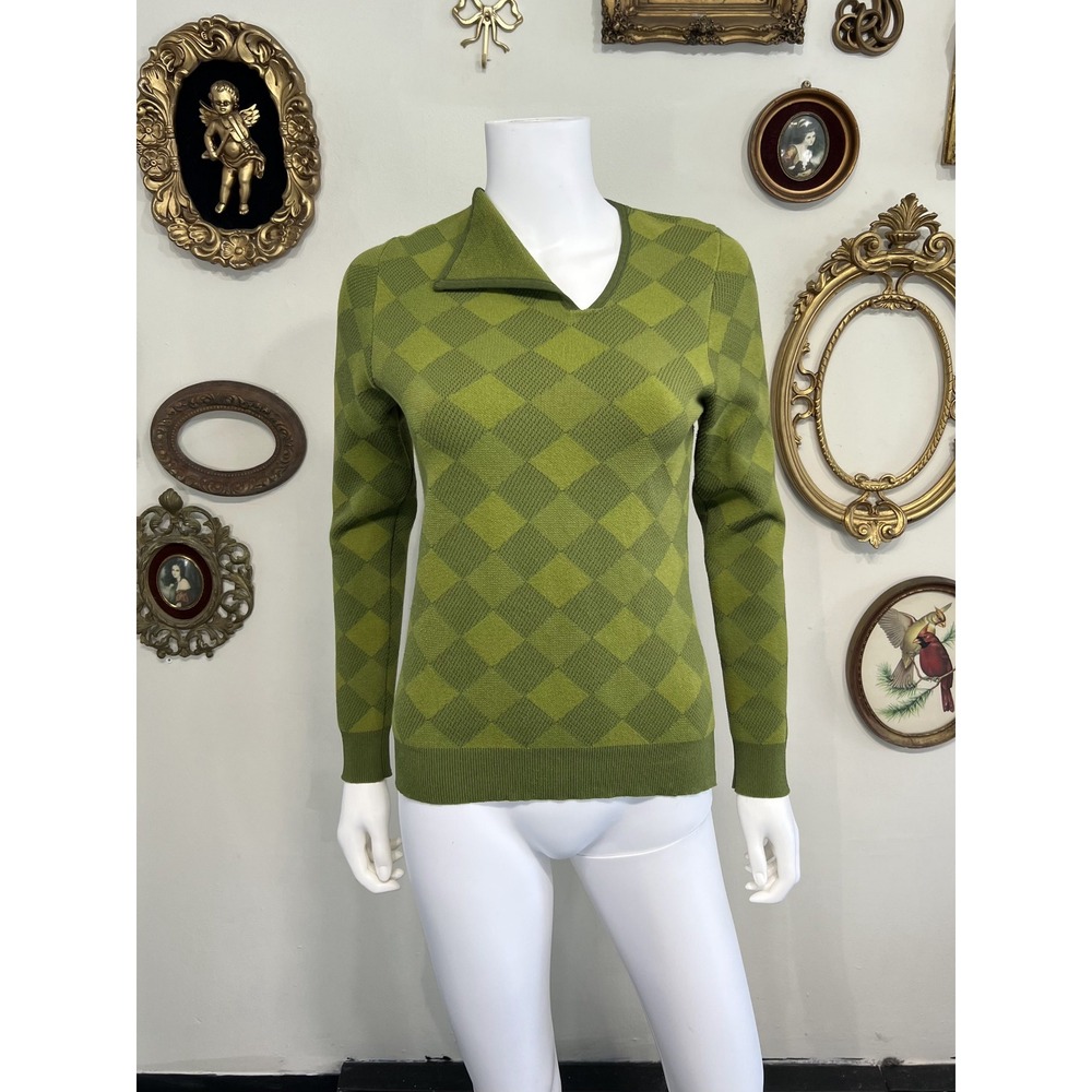 Opening Ceremony Green Argyle Diamond Pattern Knit Asymmetric Collar Sweater S